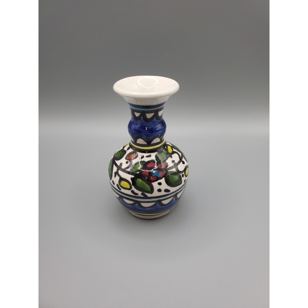 Vintage Armenian Hand Painted Art Pottery 4" Vase Israel White Blue Yellow Red